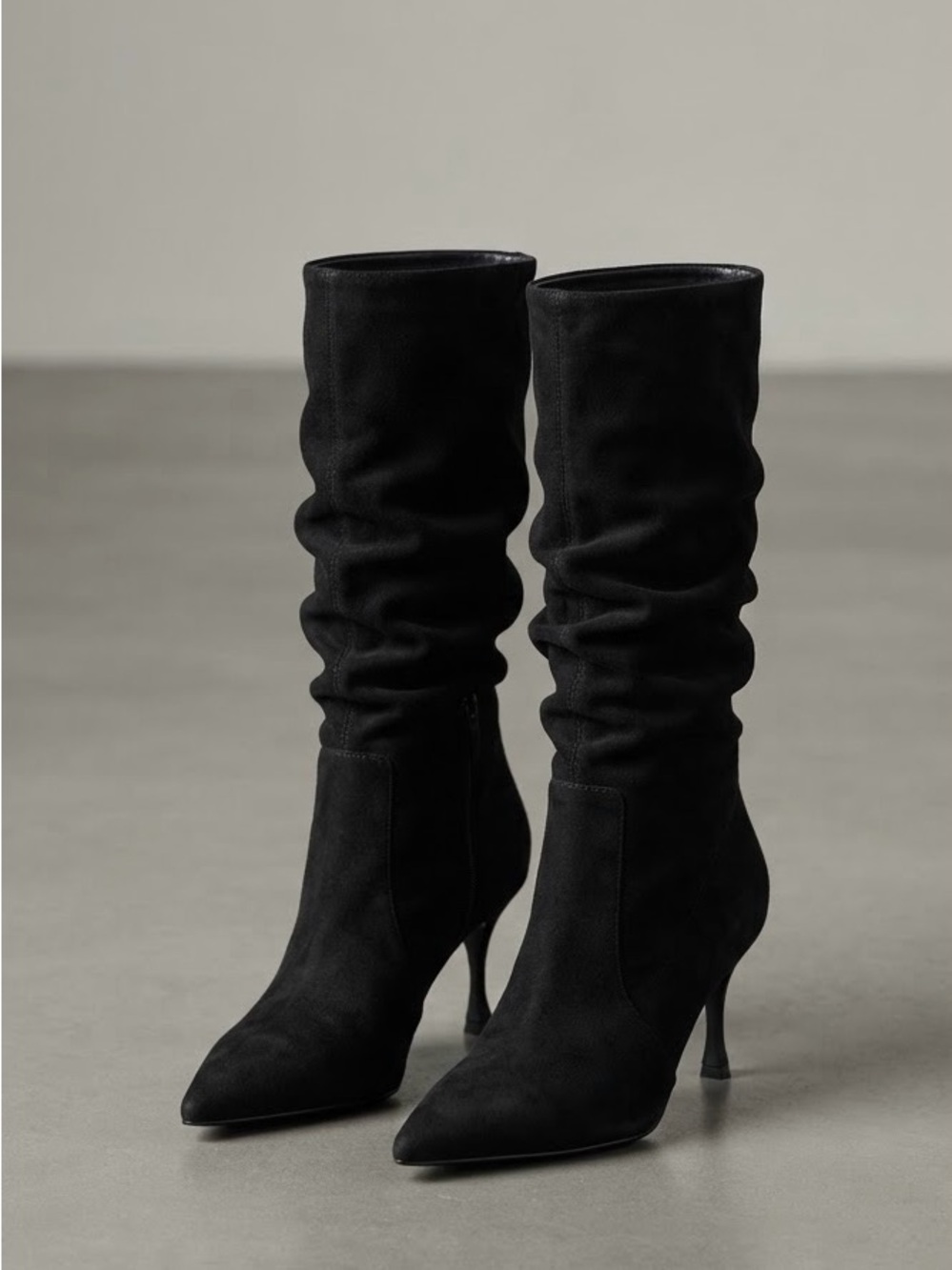 Black Suede Knee-High Zip Stiletto Boots - Picture 2 of 7